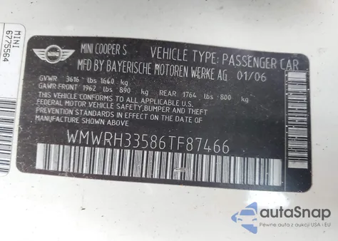 2006 Mini Cooper S S z USA, uszkodzony, nr VIN WMWRH33586TF87466